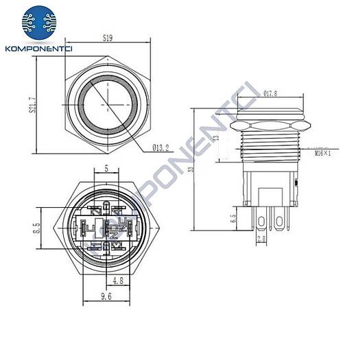 E36-1 16mm Metal Buton Yayl 12-24V Mavi Led  Ikl 1NO/1NC
