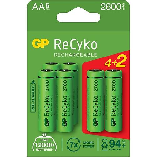 GP Recyko 2700 Seri 2600 mAh �arjl� AA Kalem Pil 4+2