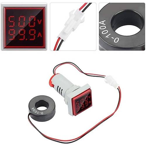 Dijital Voltmetre Ampermetre 20-500VAC 0-100A Kare Kırmızı
