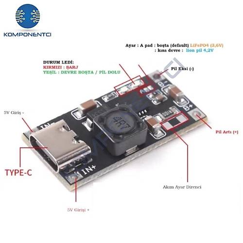 TP5000 LiFePO4 ve Li-ion Pil �arj Devresi Type-C Giri�li Mod�l 1A