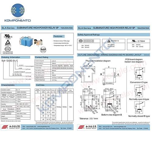 Songle 12V 30A 5 Pin R�le SLA-12VDC-SL-A ( T90 Relay )