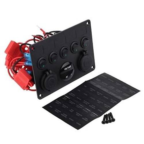 5'li ON-OFF Ye�il Nokta I��kl� Anahtar Switch Panel 2x5V USB �akmakl�k ve Voltaj G�stergeli