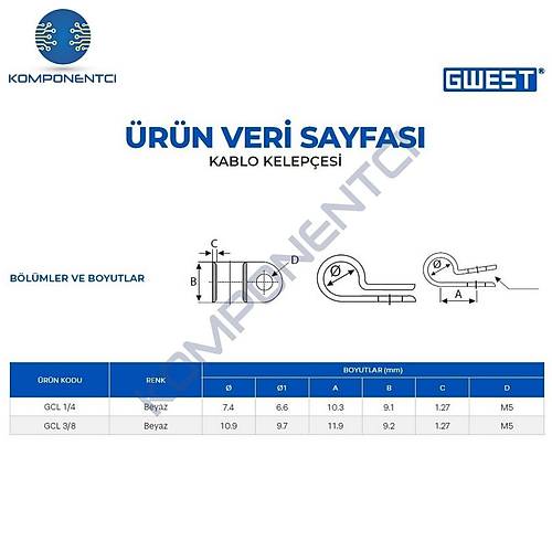 GwestGCL3/8 10mm Kablo Kelepesi Beyaz 100 Adet