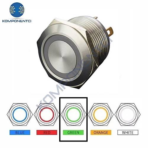 D35 16mm Metal Ye�il Halka Ledli Yayl� Buton 12V