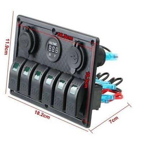 6'l� ON-OFF Ye�il I��kl� Anahtar Switch Panel 2x5V USB �akmakl�k ve Voltaj G�stergeli