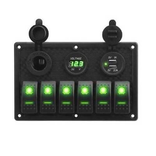 6'l� ON-OFF Ye�il I��kl� Anahtar Switch Panel 2x5V USB �akmakl�k ve Voltaj G�stergeli