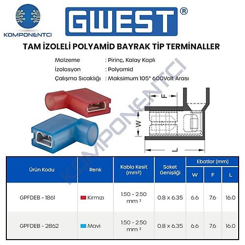 Gwest �zoleli Polyamid Bayrak Tip Terminal GPFDEB-1861 0.5-1.5mm 100 Adet