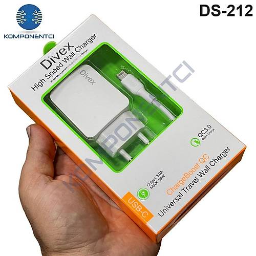 Divex Type-C USB Kablo - Adaptr 3.0A Ev Tipi arj Aleti DS-212