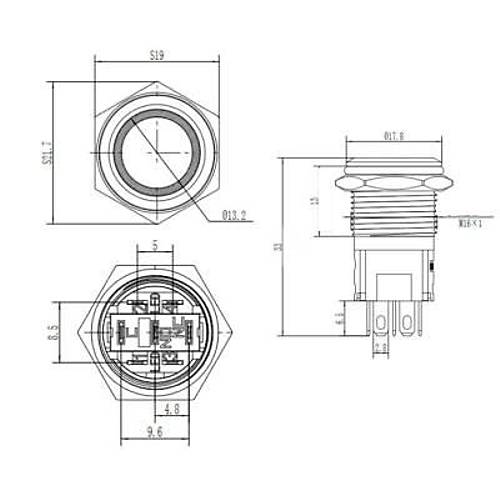 WD16A-P1Z-E 16mm D�z Anahtarl� I��kl� Metal Buton - Mavi