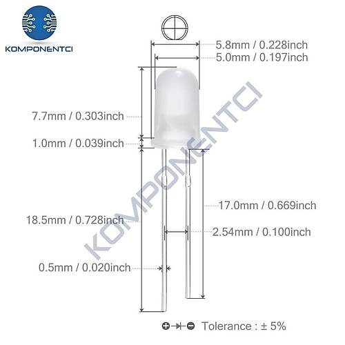 5mm Led Beyaz Diyot Diffused 1 Adet