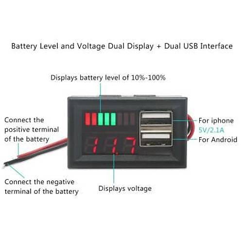 12V Ak� Kapasite G�stergesi - 5V 2A USB ��k��l�