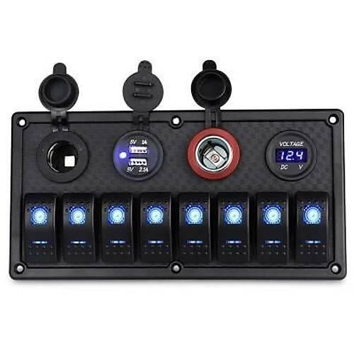 8'li ON-OFF Mavi I��kl� Anahtar Panel 2x5V USB 2x�akmakl�k ve Voltaj G�stergeli