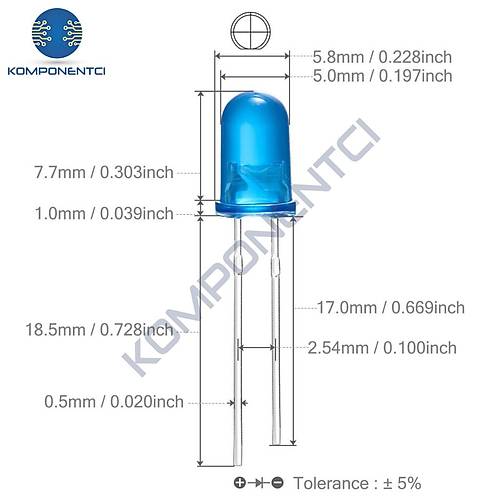 5mm Led Mavi Diyot  Diffused 1 Adet
