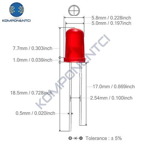 5mm Led Krmz Diyot Diffused 1 Adet