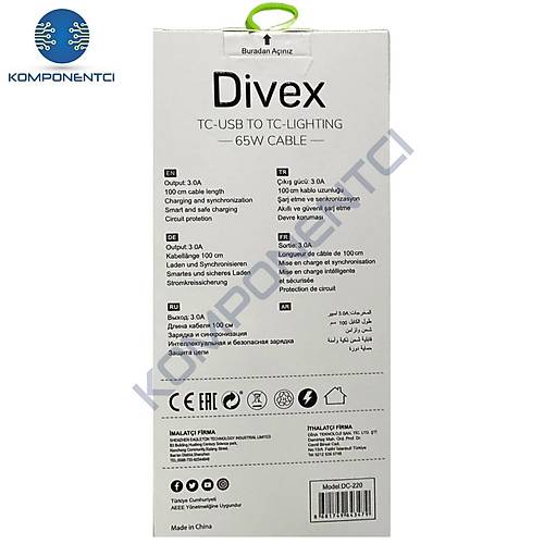 Divex TC-USB to TC-Lightning 65W/PD27W �arj ve Veri Aktar�m Kablosu DC-220