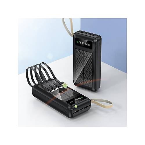 PW-61 Solar Panelli LCD G�stergeli Dahili Kablolu Powerbank 30.000mAh