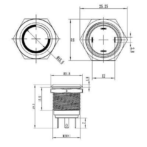 WD19H-P1-E 19mm D�z Yayl� I��kl� Metal Buton - Mavi