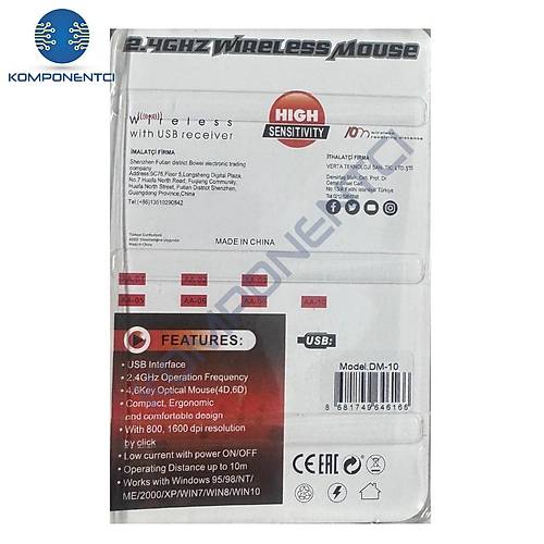 2.4GHz USB Al�c�l� Wireless Mouse Kablosuz Bilgisayar Faresi Mavi DM-10