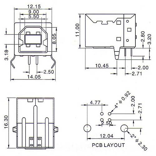 IC-262 USB 2.0 B Konnektr 90C Dii (USB Type-B Connector)