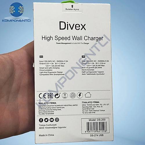 Divex 3A 20W USB arj Adaptr 20W USB Balk DS-274