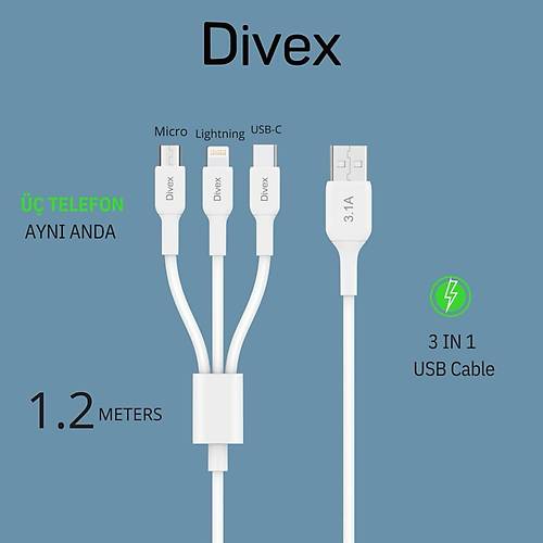 Divex 3.1A 3'ü Bir Arada Hızlı Şarj Data Kablosu