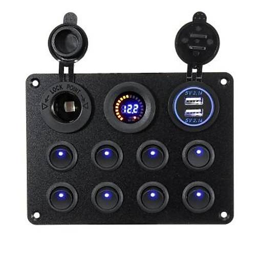 8'li ON-OFF Mavi Nokta I��kl� Anahtar Switch Panel 2x5V USB �akmakl�k ve Voltaj G�stergeli