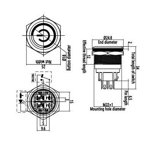 WD22B-P1Z-EC 22mm D�z Anahtarl� I��kl� Power Metal Buton - Ye�il