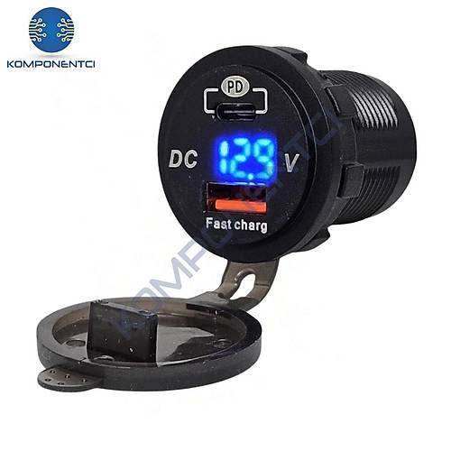 IC-266D-1 Pano Tip Soket Voltmetreli 2'li USB 3.0 + Type-C