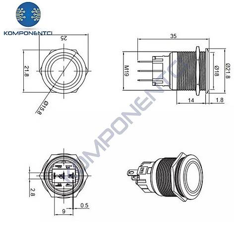 E1 19mm Metal Buton Kal�c�l� 12-24V K�rm�z� Led I��kl� 1NO/1NC