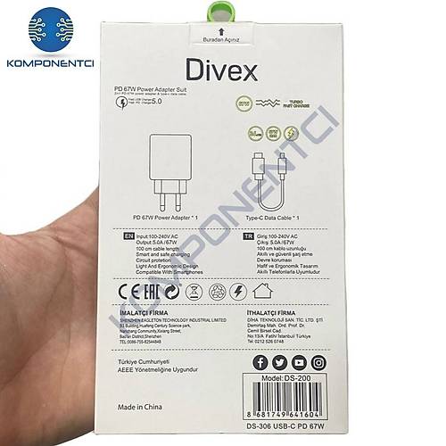Divex 67W Type-C ( USB-C ) + USB Yksek Hzl arj Aleti DS-306