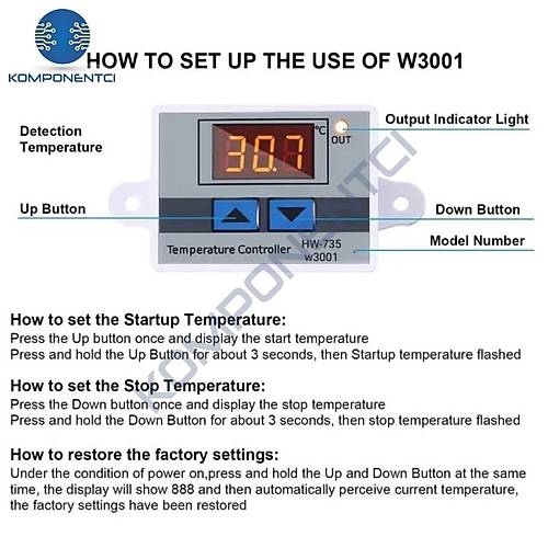 XH-W3001 12V DC Dijital Termostat 120W