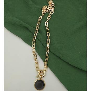 Kesme Kristal Siyah Tal Dmenli Gold Kolye