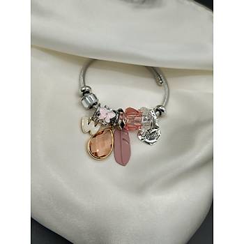 Pembe Tal Ku Ty ve Kristal Damla Figrl Charml elik Pandora