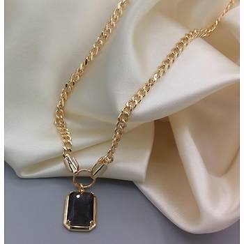 Siyah Kesme Kristal Tal Gold Kolye
