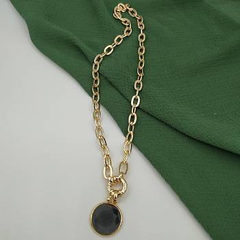 Kesme Kristal Siyah Tal Dmenli Gold Kolye