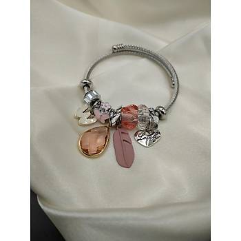 Pembe Tal Ku Ty ve Kristal Damla Figrl Charml elik Pandora