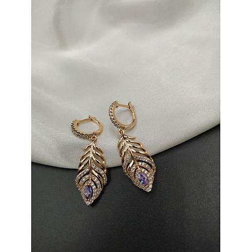 Mor Kristal Zirkon Taşlı Sallantı Yaprak Xuping Küpe