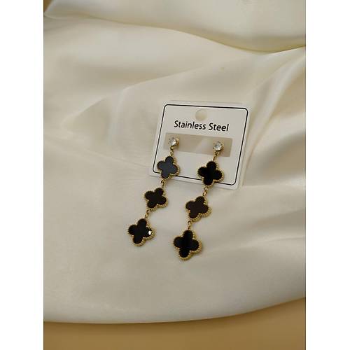 Üçlü Siyah Van Cleef Çelik Salıntı Küpe