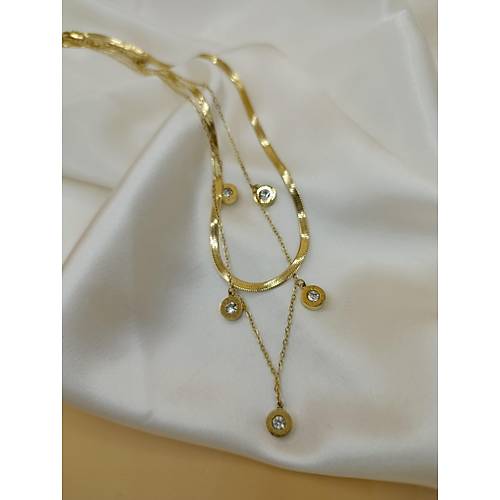 Zirkon Ta�l� �oklu Bvlgari �elik �talyan Zincir Kolye