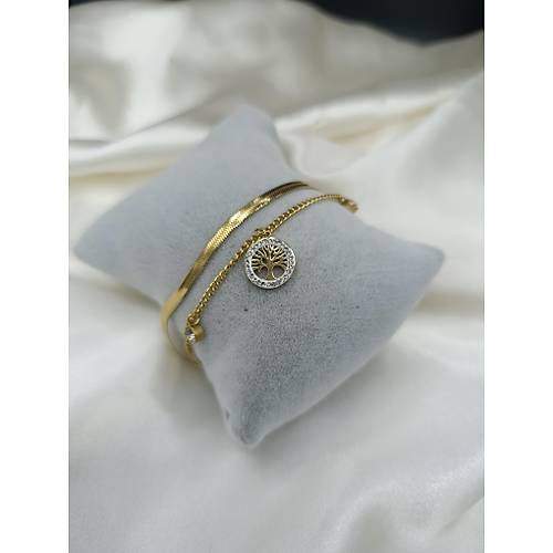 Zirkon Ta�l� Hayat A�ac� �elik Zincir-�talyan Yass� Bileklik