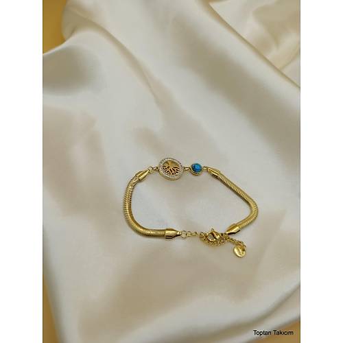 Zirkon Ta�l� Hayat A�ac� Model Firuzeli �elik Bileklik