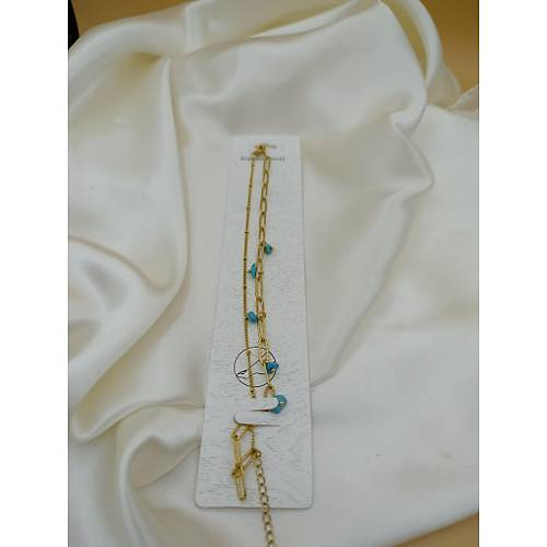 Turkuaz Do�al Ta� Fig�rl� �elik �ift Zincir Halhal