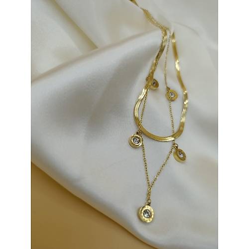 Zirkon Ta�l� �oklu Bvlgari �elik �talyan Zincir Kolye