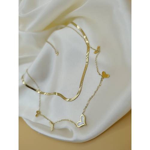 Sedefli �oklu Kalp �talyan Yass� �elik Zincir Kolye