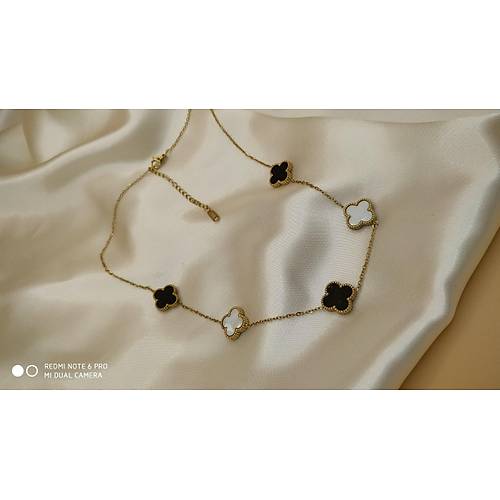 Siyah-Beyaz Van Cleef Yonca Model elik Kolye