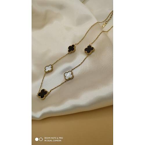 Siyah-Beyaz Van Cleef Yonca Model elik Kolye