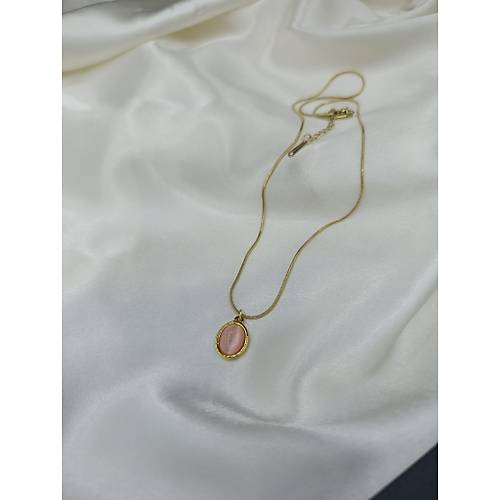 Oval Pembe Ta�l� �elik Kolye