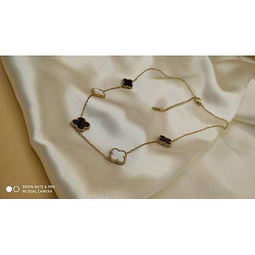 Siyah-Beyaz Van Cleef Yonca Model elik Kolye