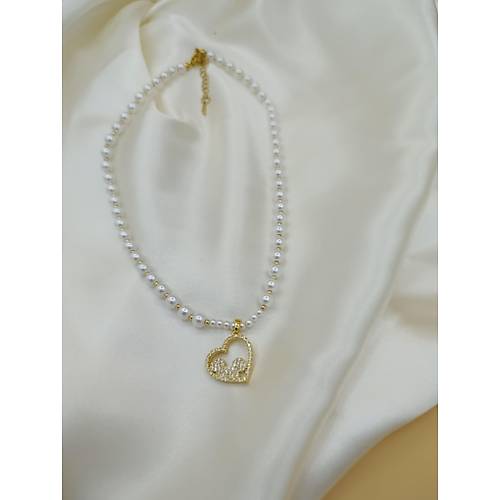 Zirkon Ta�l� Kalp Fig�rl� �ncili �elik Kolye