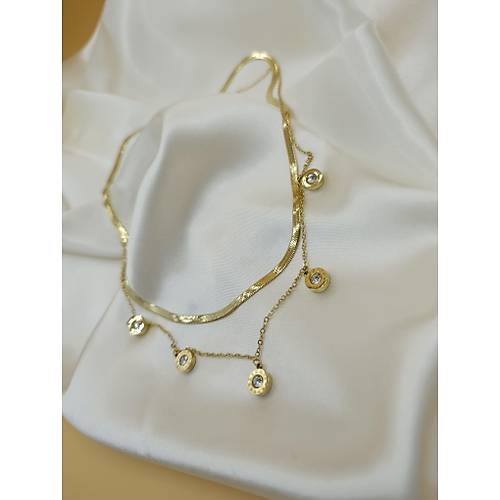 Zirkon Ta�l� �oklu Bvlgari �elik �talyan Zincir Kolye